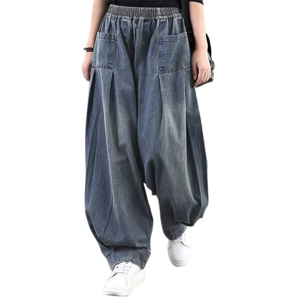 Denim - Women's Denim Harem Pants Cotton Polyester Spandex Wide Leg Casual